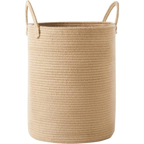 15Dx20H inches Jute Woven Hamper Laundry Basket Wicker Rope Clothes Hamper for Baby Nursery Kids Tall Rattan Blanket Basket in Living Room Bedroom 62L Large Capacity