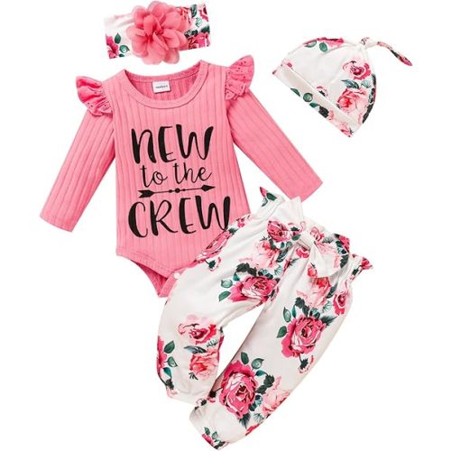 Newborn Baby Girls Clothes Ruffle Long Sleeve Romper Floral Pnats+Headband+Hat 4pcs Baby Girl Outfits