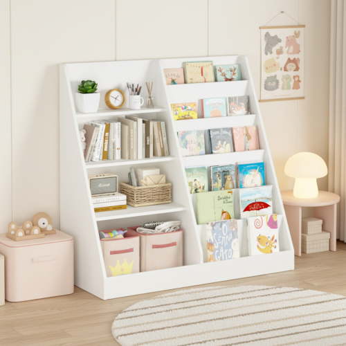Homy Casa Kids Bookcase with Storage, 4 Tier Wooden Bookshelf for Nursery & Playroom