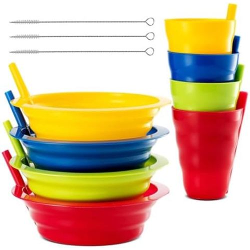 Cereal Bowls with Straws & Kids Straw Cups - Set of 4 Kids Plastic Bowls with Straws & 4 Straw Cups for Kids BPA Free Dishwasher Safe Kids Bowls with Built-In Straw Include 3 Cleaning Brushes