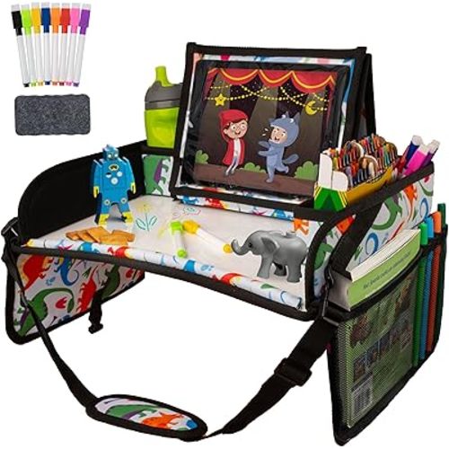 Lusso Gear Kids Travel Tray for Car - Road Trip Essentials for Kids - Car Seat Tray for Toddlers & Kids - Lap Tray for Airplane, Kids Travel Desk, Road Trip Activities (Dinos)