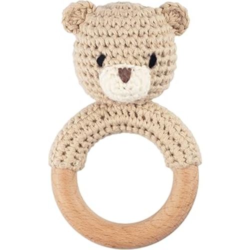 Joliecraft Safari Animals Wooden Baby Rattle Toys Stuffed Crochet Rattle with Teether Ring for Newborn, Beige Bear