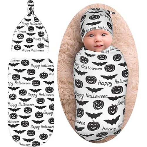 Halloween Bat Pumpkin Newborn Swaddle Blanket Baby Stuff Baby Swaddling Blanket with Beanie Set Soft Sleeping Sack for Unisex Girls Boys