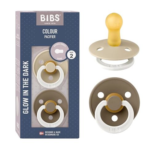 BIBS Pacifiers Colour Collection | Natural Rubber Baby Pacifier | Set of 2 BPA-Free Soothers | Made in Denmark | 6+ Months (Pack of 2) | Vanilla Night/Dark Oak Night