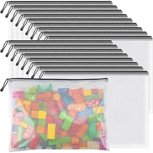 Umriox Zipper Mesh Document Pouch, 16.9x12.4 in (Black, 18 Packs), Clear Zipper Pouches, Waterproof Travel Pouch for Office Supplies, Puzzles, Board Games and Craft Projects