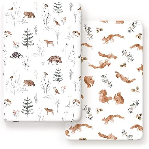 GRSSDER Stretchy Ultra Soft Jersey Knit Pack and Play Sheets 2 Pack, Portable/Mini Crib Sheets Universal Fitted for Playpen Mattress Safe and Snug, Stylish Cute Animal Print Baby Sheets