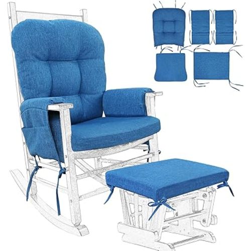 BUYUE Glider Rocker Replacement Cushion 5 PCS with Ties, Linen High-Density Foam Non-Slip & Washable Rocking Chair Pads for Sitting,Blue