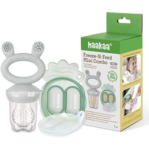 Haakaa Freeze-N-Feed Mini Combo with Silicone Food Feeder & Silicone Mini Nibble Tray|Baby Solid Food Self Feeder|Breastmilk Popsicle Mold Storage & Feeder for Soothing Baby Gums 1 PK