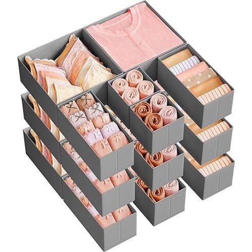 SONGMICS Drawer Organizers, Dresser Divider Organizers, Set of 18, Foldable Fabric Storage Boxes for Socks, Underwear, Bras, Ties, Scarves, Dove Gray URDZ006G05