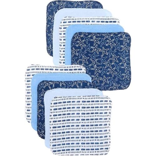 Spasilk Washcloth Wipes Set for Newborn Boys and Girls, Soft Terry Washcloth Set, Pack of 10, Blue Starfish