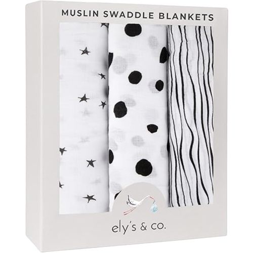 Ely's & Co. Muslin Swaddle Blanket 100% Soft Muslin Cotton 3 Pack 47"x 47" (Black & White)