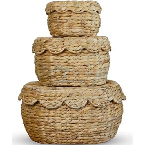 Amazon.com: Scalloped Basket with Lid Set of 3,Stackable Baskets for Organizing, Scalloped Wicker Basket, Woven Basket With Lid, Water Hyacinth Storage Baskets with Lid, Basket With Lid Decorative Storage : Home & Kitchen