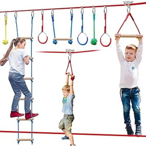 Ninja Warrior Obstacle Course for Kids,60ft Ninja Slackline-with 8 Pcs Accessories,Tree Protector & Carry Bag Ninja Course for Kids Outside-Backyard Zip Line for Kids