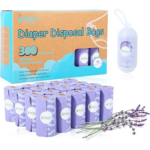 Disposable Diaper Bags for Baby, 20 Refill Rolls (300 Pack),Baby Poop Bags with Dispenser, Essential for Travel and Quick Change on The Go, Purple and Lavender Scented