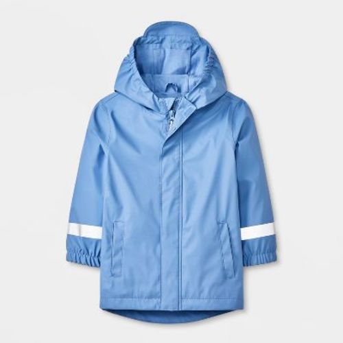 Baby Solid Rain Coat - Cat & Jack™ Blue 18M: Water-Resistant, Hooded, Reflective Details, Elastic Cuffs