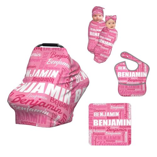 Personalized Baby Car Seat Cover for Boys Girls, Custom Monogram Nursing Covers for Breastfeeding with Name, Infant Stroller Cover, Optional Baby Bib, Baby Swaddle Set for Newborn Infant