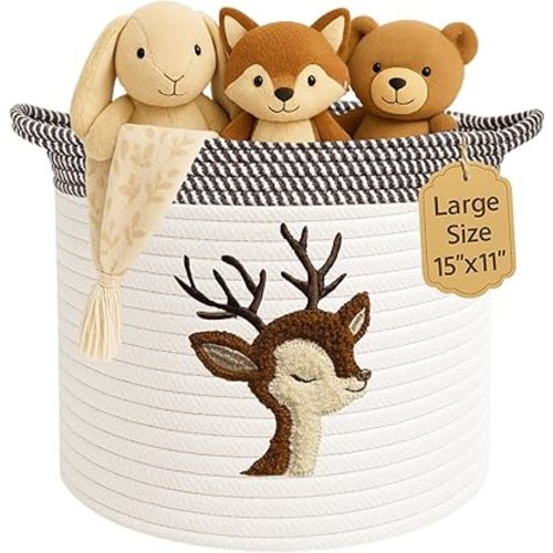Deer Storage Basket for Nursery – Large 15”x11” Cotton Rope Bin with Soft Felt Animal Patch – Toy Organizer, Baby Laundry Hamper, Diaper & Towel Holder – Foldable, Washable & Baby-Safe