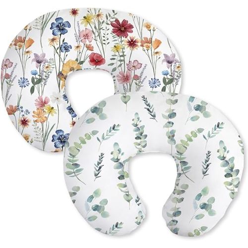 Little Grape Land Nursing Pillow Covers 2 Pack, Soft & Breathable Removable Breastfeeding Pillows Covers for Feeding Pillows, Nursing Pillow Slipcover for Baby Girls Boys, (Leaves & Flowers)
