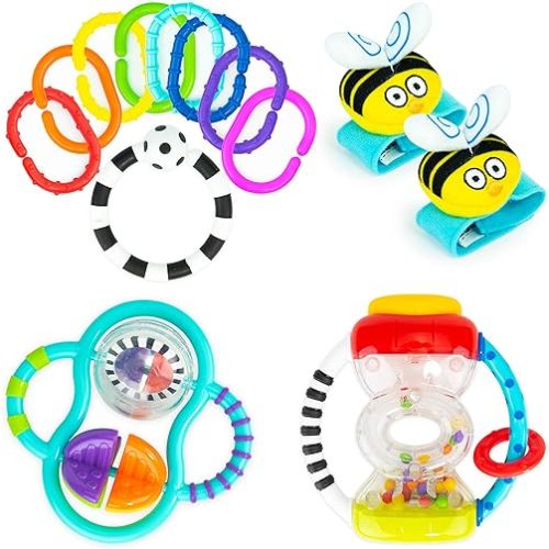 Baby's First Rattles Developmental Giftset for Newborns + | Includes Wrist Rattles, Hourglass Rattle, 9 pc Ring O’ Links, and Grasp & Spin Rattle