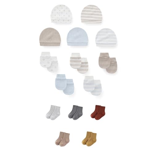 JELYLOVE 15 Pack Unisex New Born Boy Girls No Scratch Mittens Sets Cotton Soft Baby Gloves Hats socks Accessory 0-6 Months