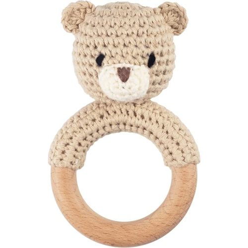 Joliecraft Safari Animals Wooden Baby Rattle Toys Stuffed Crochet Rattle with Teether Ring for Newborn, Beige Bear