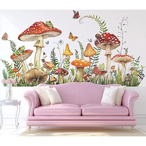 Mushroom Wall Decals Peel and Stick, Large Frog Butterflies Grass Vinyl Wall Stickers, Removable Home Decor Art for Bedroom Living Room Classroom Office