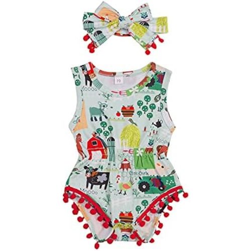 Newborn Baby Girl Summer Romper Sleeveless Farm Print Pompom Tassel Bodysuit Jumpsuit Headband 2Pcs Outfit