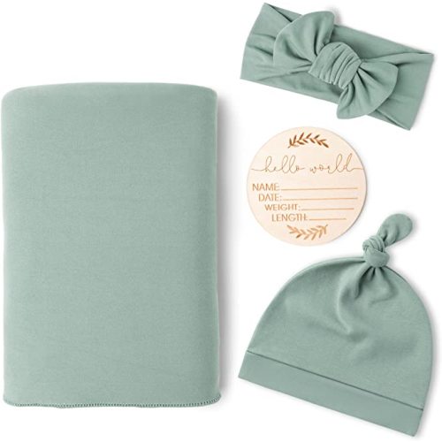 Konssy Baby Girl Newborn Receiving Blanket with Matching Headband and Beanie Set Baby Swaddle Nursery Swaddle Wrap(Light Green)