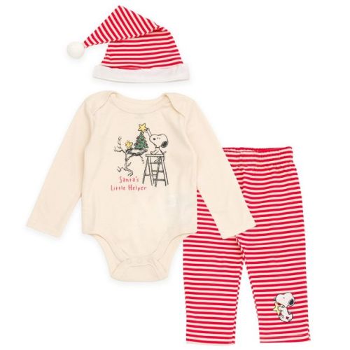 PEANUTS Snoopy Christmas Infant Baby Boys Bodysuit, Pants and Velour Santa Hat 3 Piece Outfit Set Cream Beige / Red 18 Months