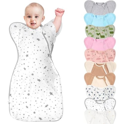 3-Way Wearable Swaddle Blankets Sleep Sacks with Arms Up, Hands Up Sleeping Sack Easy Diaper Changing Sleeping Bag for Baby Boy Girl Newborns Transitions to Arms-Free Calms Startle Reflex