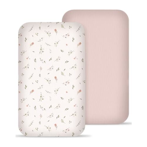 Muslin Bedside Bassinet Sheets 2 Pack, 33x20 Fitted Ultra Soft & Breathable Bedside Sleeper Sheets, Ideal for Baby Girl and Boy, Perfect for Newborns (Petal Leaf & Pink)