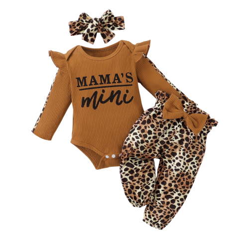 WIBACKER Baby Girl Clothes Newborn Infant Outfits Ruffle Mama's Mini Romper+ Leopard Pants + Cute Headband Sets for Girls