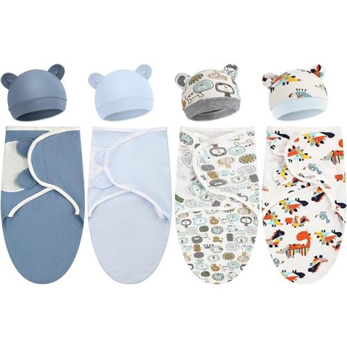 Buryeah 4 Pack Preemie Swaddle Blanket Wrap Set with Hat for Baby Boys Girls 3-7 Lbs Preemie Newborn Clothes Sleepers Cap