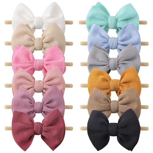 yoyokid 12 PCS Hairband with Baby Girl Bows Soft Nylon Baby Headbands and Bows Hair Accessories for Newborn Infant Toddlers Kids - 12PCS