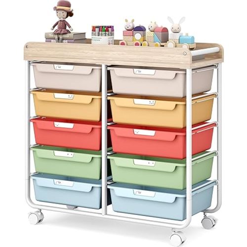10 Drawers Rolling Cart with Wooden Tabletop, Utility Storage Cart with Wheels, Art Supply Craft Organizer on Wheel with Metal Frame & Handles for Home Office School,Colorful
