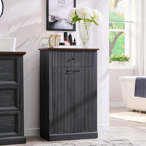 Modern Tilt-Out Laundry Hamper Cabinet, 10 Gallon Fluted Trash Can Cabinet with Drawer, Wooden Hidden Garbage Can Cabinets with Laundry Basket, Free Standing for Bathroom and Kitchen, Grey