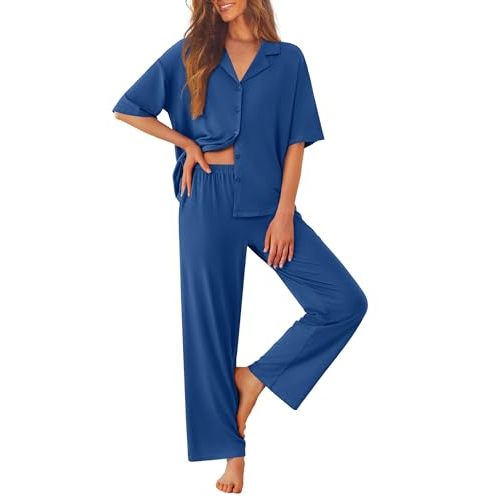 Ekouaer Women Pajamas Set Button Down Sleepwear Short Sleeve Pjs Soft Comfy Nightwear with Long Pants S-XXL