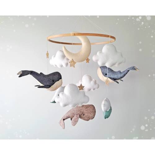 Baby mobile whales - Baby crib mobile -  Whale mobile - Mobile Bebe - Neutral nursery mobile -  Nautical baby mobile boy - Baby shower gift