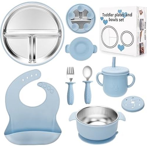 Baby Weaning Bundle, Silicone Baby Feeding Set, Comes with Detachable Silicone Stainless Steel Toddlers Plate and Bowl set, Baby Bib and 2-in-1 Water Cup and spoons (Blue)