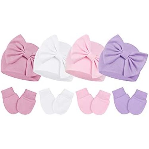 Century Star Newborn Baby Hat and Mittens Set Cotton Bow Hats for Boys and Girls Baby Infant Beanie 0-6 Months