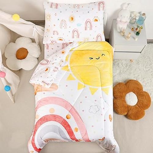 Toddler Bedding Set for Girls- 4 Piece Rainbow Toddler Girl Bedding, Super Soft & Lightweight Toddler Comforter Set Includes Comforter, Flat Sheet, Fitted Sheet, Pillowcase (Pink)