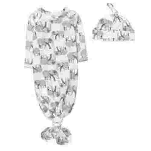 Baby Essentials Long Sleeve Knotted Patterned Sleeping Gown with Matching Night Cap for Newborn Infants 0 - 6 Months for Sleep, Cuddling, Swaddling and Lounge in Elegant Elephants