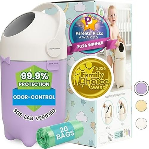 iTouchless Odor-Locking Diaper Pail - 2026 Award-Winning Ag+ Silver Ion Nursery Bin - Fits Any Bag, No Refills Needed - Includes 20 Leak-Proof Bags (Holds 300 Diapers) - Lavender Orchid Hygienic Bin