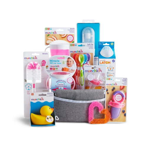 Munchkin® Hello Baby Gift Basket, Great for Baby Showers, Includes 12 Baby Products, Pink, Unisex