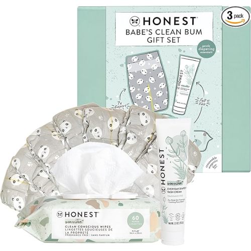 The Honest Company Babe's Clean Bum Gift Set | Diapering + Newborn Essentials | 99% Water Wipes (60 ct), Diaper Rash Cream (2.5 oz), Clean Conscious Diapers (Size 1, 7 ct)