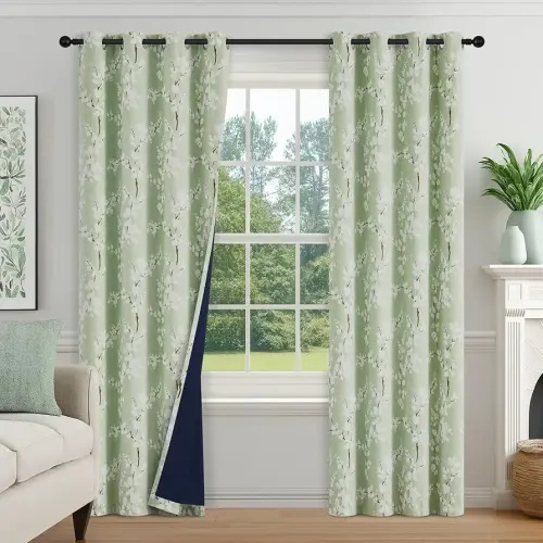 FMFUNCTEX 100% Blackout Floral Curtains for Bedroom, Sage Green Curtains 84 inches Long Blossom Patterned for Living Room, Thermal Insulated Farmhouse Drapes, Grommet Top 2 Panels (White on Green)