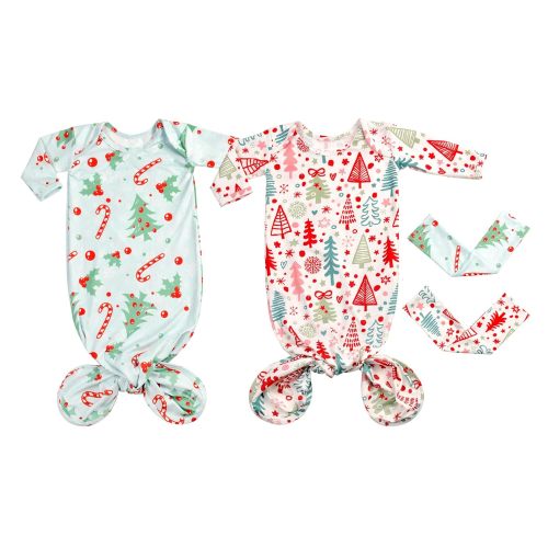 Newborn Baby Girls Christmas Knotted Gown Sets Nightgowns Soft Sleeper Gown with Headband Set for Baby -2 Pieces (Blue and Red Christmas, 0-3 Months)