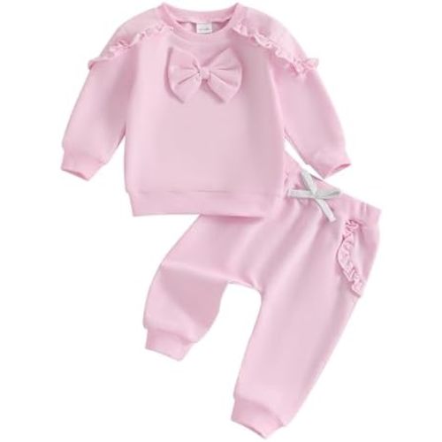 Kupretty Baby Girl Clothes Toddler Fall Winter Outfit Ruffles Crewneck Bow Pullover Sweatshirt + Joggers Pants Set