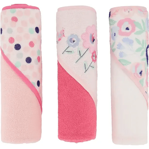 Cudlie Buttons & Stitches Baby Girl 3 Pack Rolled/Carded Hooded Towels in Blooms & Dots Print, GS71731