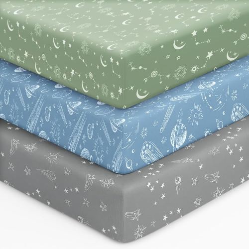 Baby Crib Sheets for Boys Girls, 28x52x8in Fitted Crib Sheet Neutral 3 Pack for Standard Crib and Toddler Mattress, Breathable Soft Microfiber Baby Sheet Green Gray Constellation